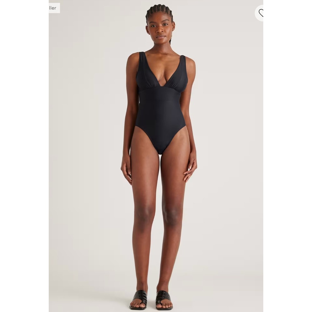 Quince 1 Piece Swimsuit S Black Plunge V-Neck Wide Strap minimalist chic Italian